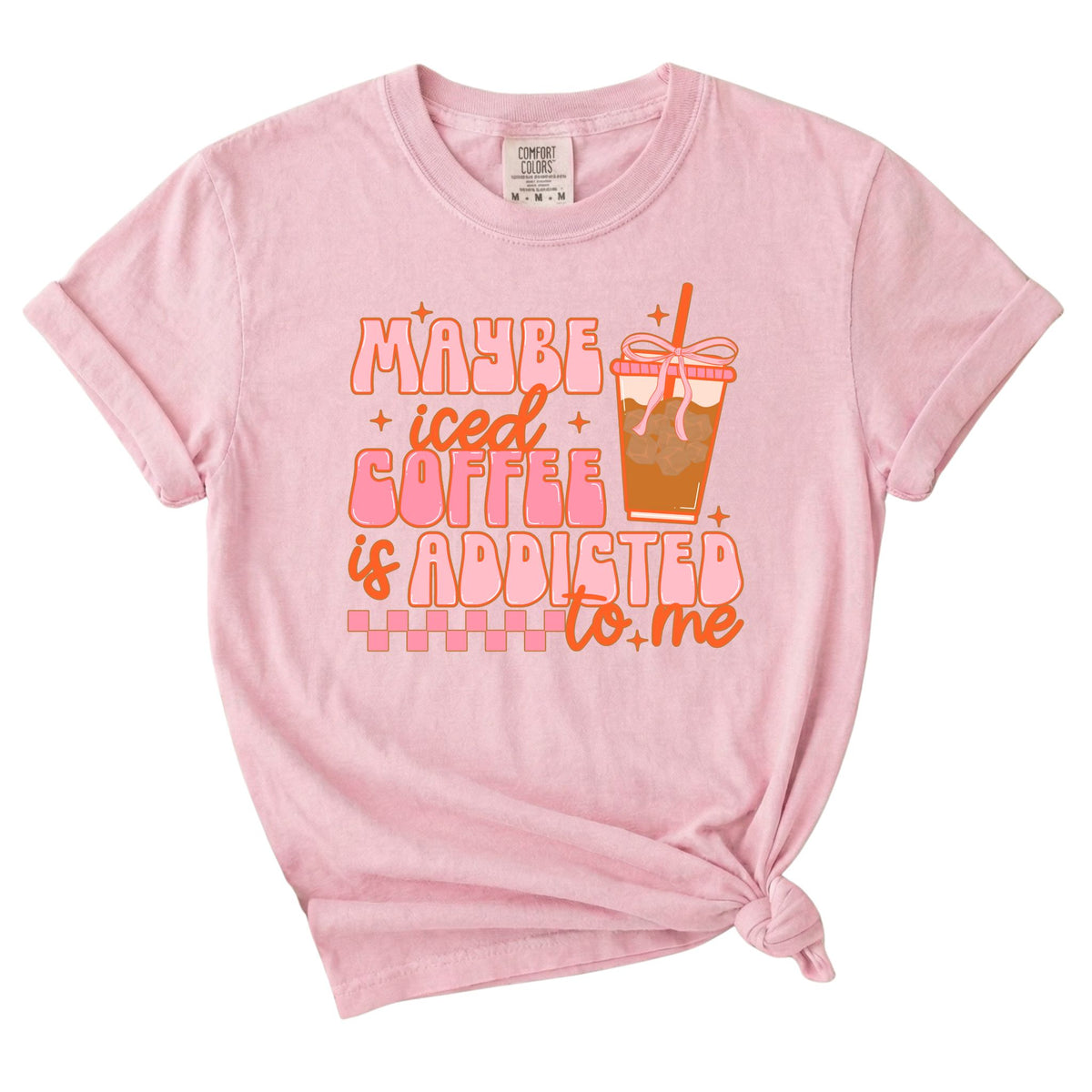 Dash Forward Maybe Iced Coffee is Addicted to me Short Sleeve T-Shirt in blossom pink with retro style graphics