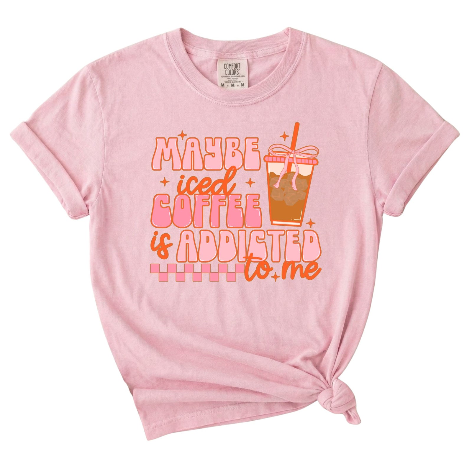 Dash Forward Maybe Iced Coffee is Addicted to me Short Sleeve T-Shirt in blossom pink with retro style graphics