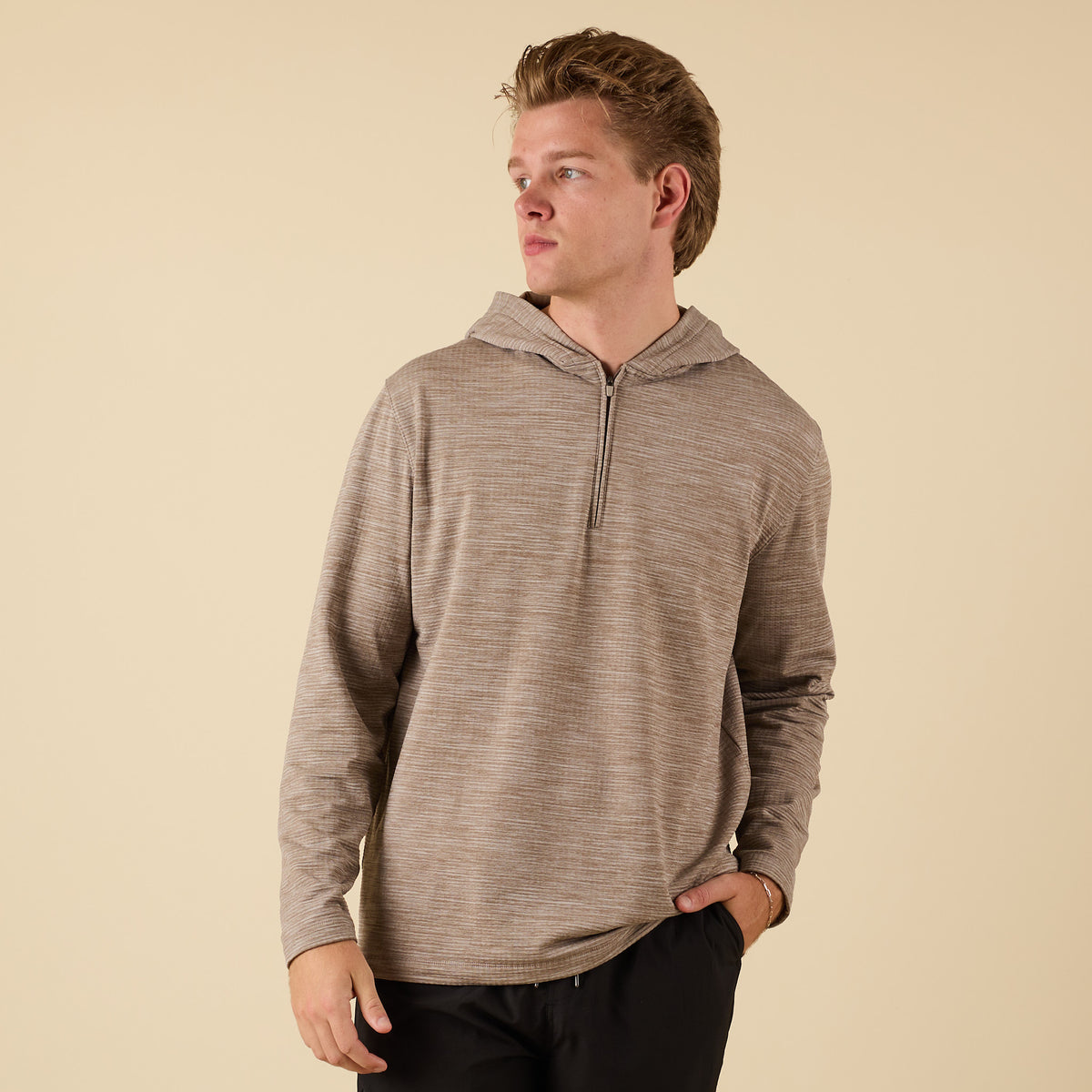 Front view of Coast Apparel Lightweight Performance Quarter Zip Hoodie in lentil brown