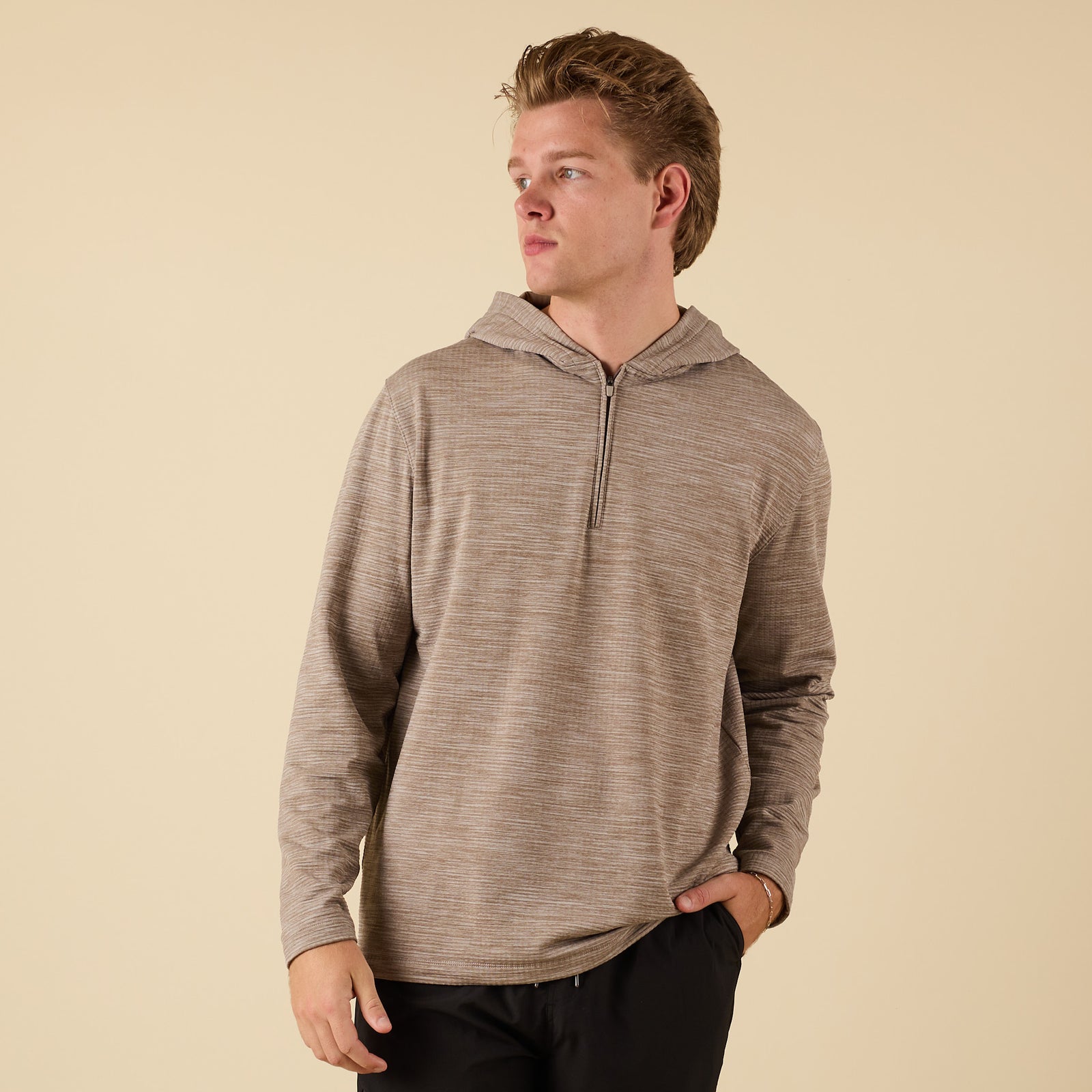 Front view of Coast Apparel Lightweight Performance Quarter Zip Hoodie in lentil brown