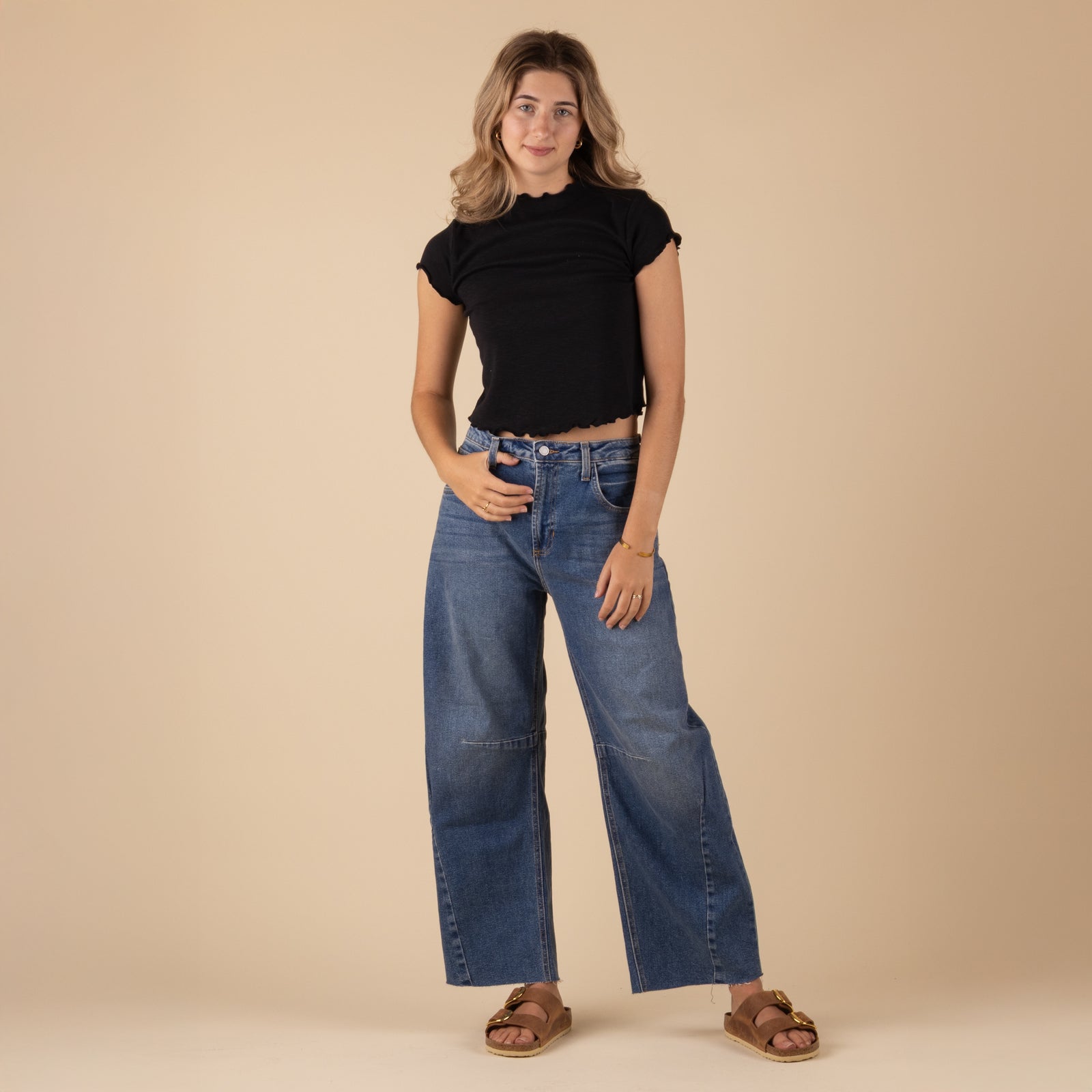 Just Black Seamed Barrel Jeans in Medium Wash, sizes 24, 25, 26, 27, 28, 29, 30, and 31, 100% cotton. 
These stretch Barrel wide-leg jeans bring major chill vibes to your look. With a vintage look, the relaxed fit shows it's all about comfort and style, they're your go-to for nailing that effortless cool. Features: Rise: 12”and Inseam: 27”, 96% Cotton, 3% Elasterell-P, 1% Spandex, made in USA, machine wash cold, lay flat to dry recommended.