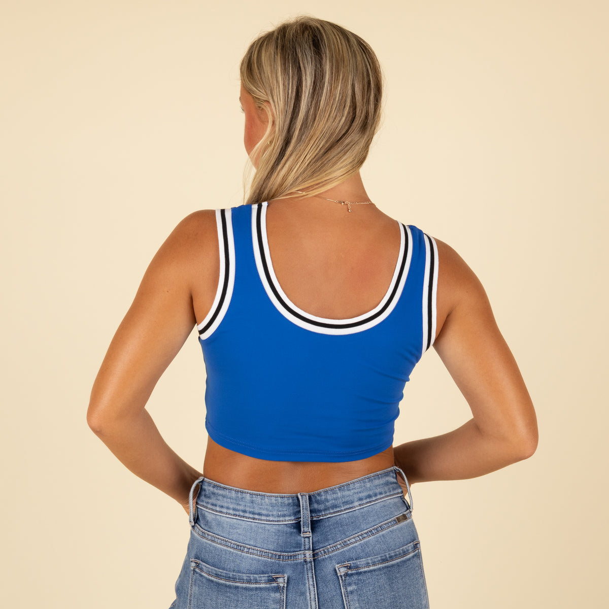 Back view of Florida crop tank showing scoop neckline and sporty trim detail.