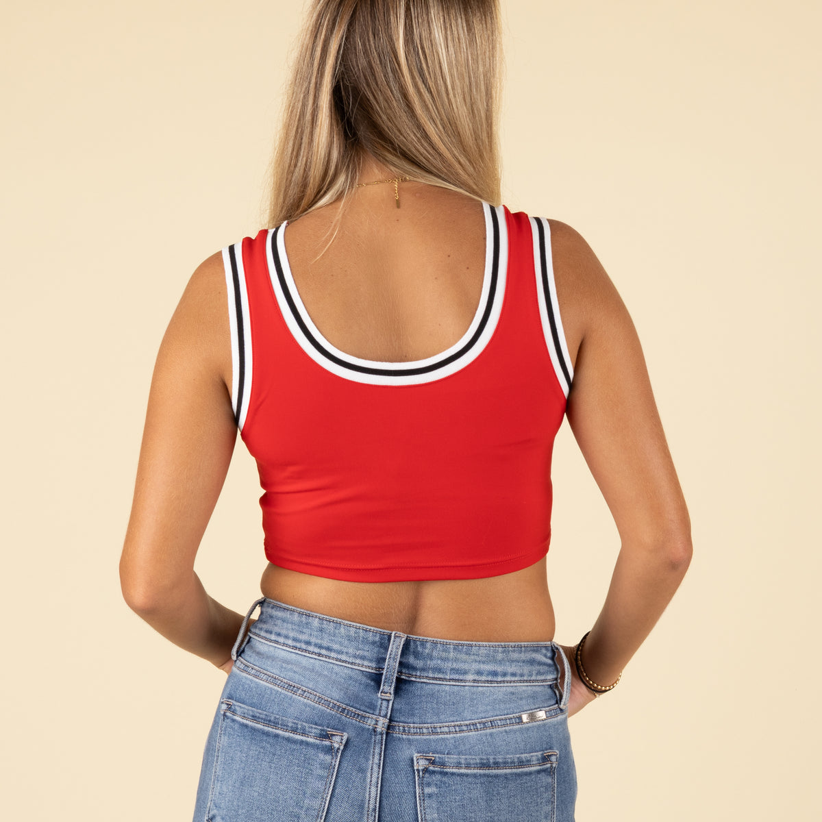 Back view of red Georgia crop tank showing a scooped neckline.