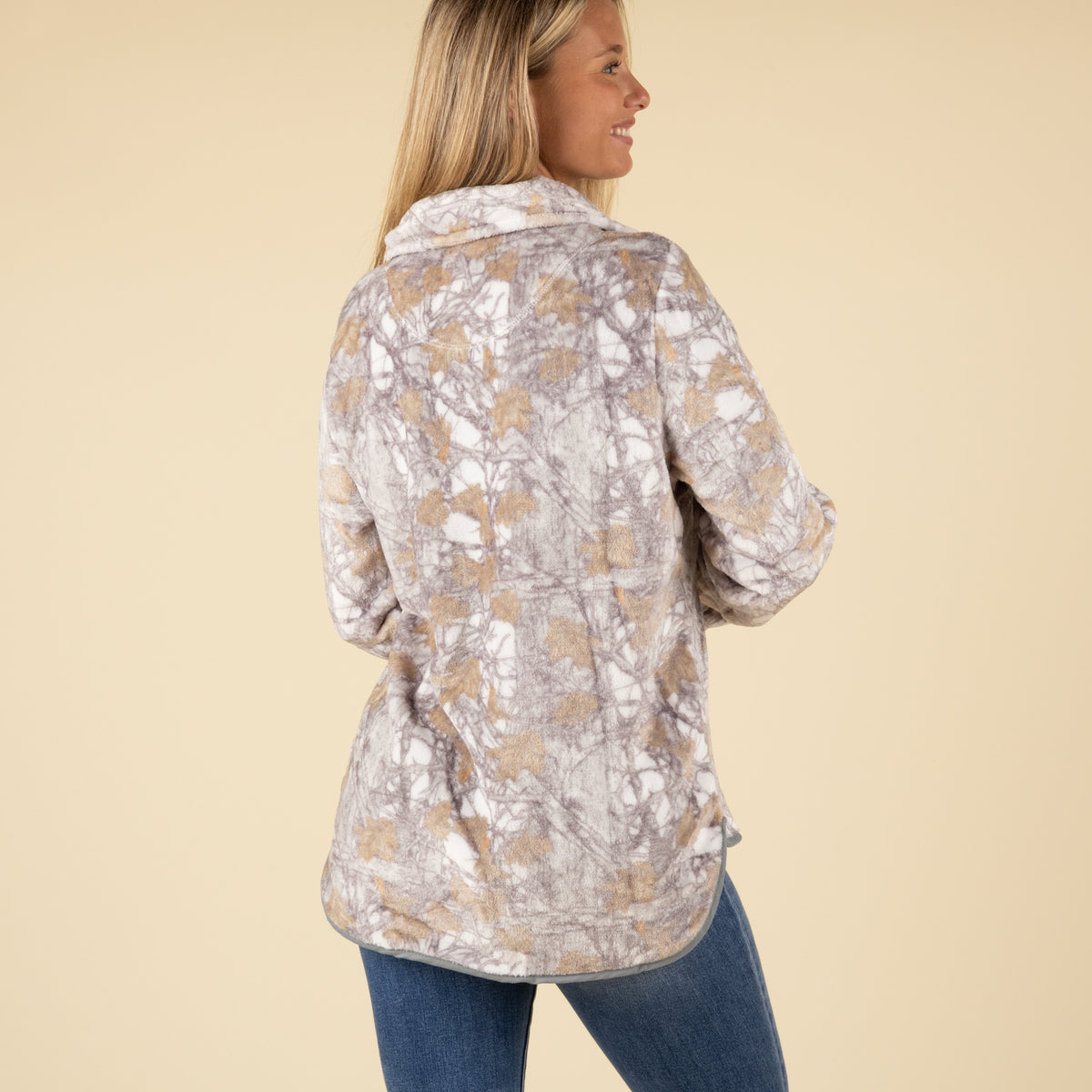 Back view of Simply Southern fleece pullover with tan and grey fall camo print and relaxed fit.