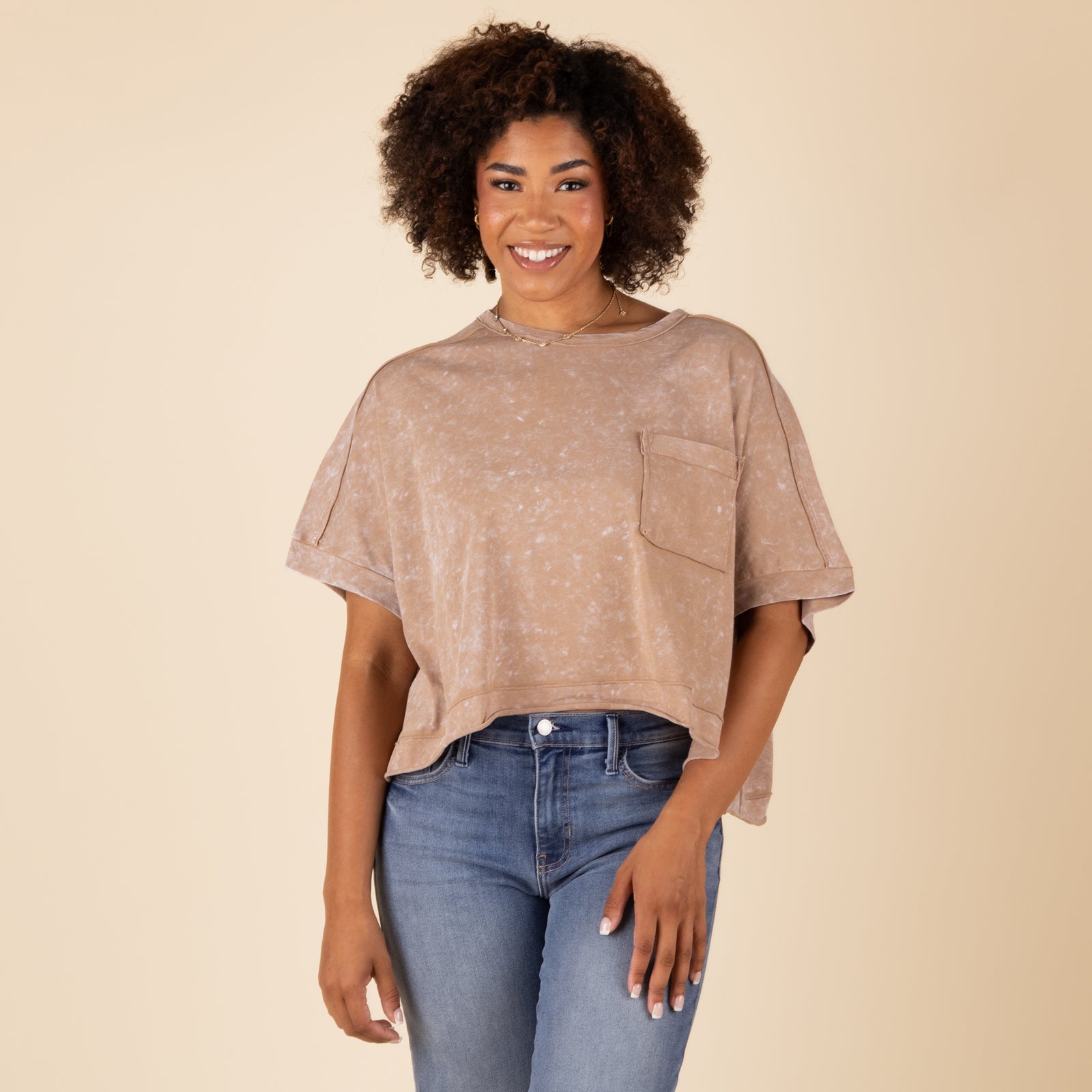 Taupe | Very J Boxy Top in Taupe on a woman posing in front of a neutral background.