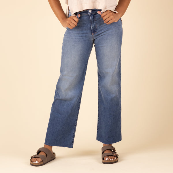 Close-up front view of Just Black Denim Palazzo Jeans in medium wash, highlighting faded thigh detail, raw hem, and relaxed wide-leg fit.