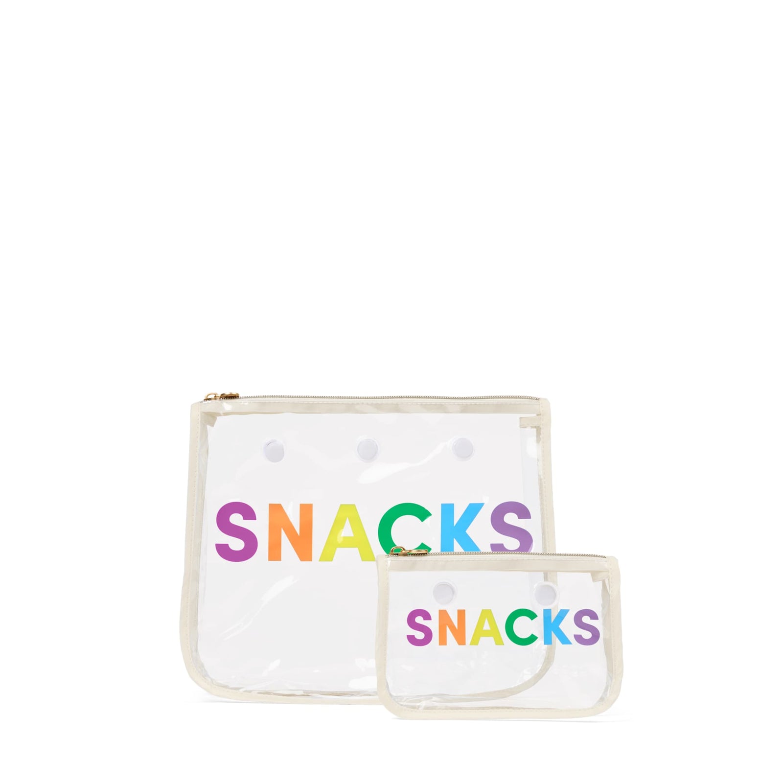 Two clear pouches with 'SNACKS' text in colorful letters on a white background