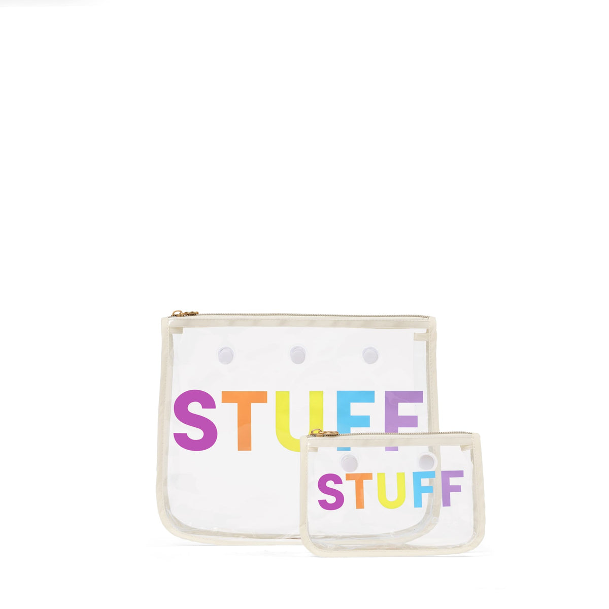 Two pouches with 'STUFF' text in colorful letters on a white background