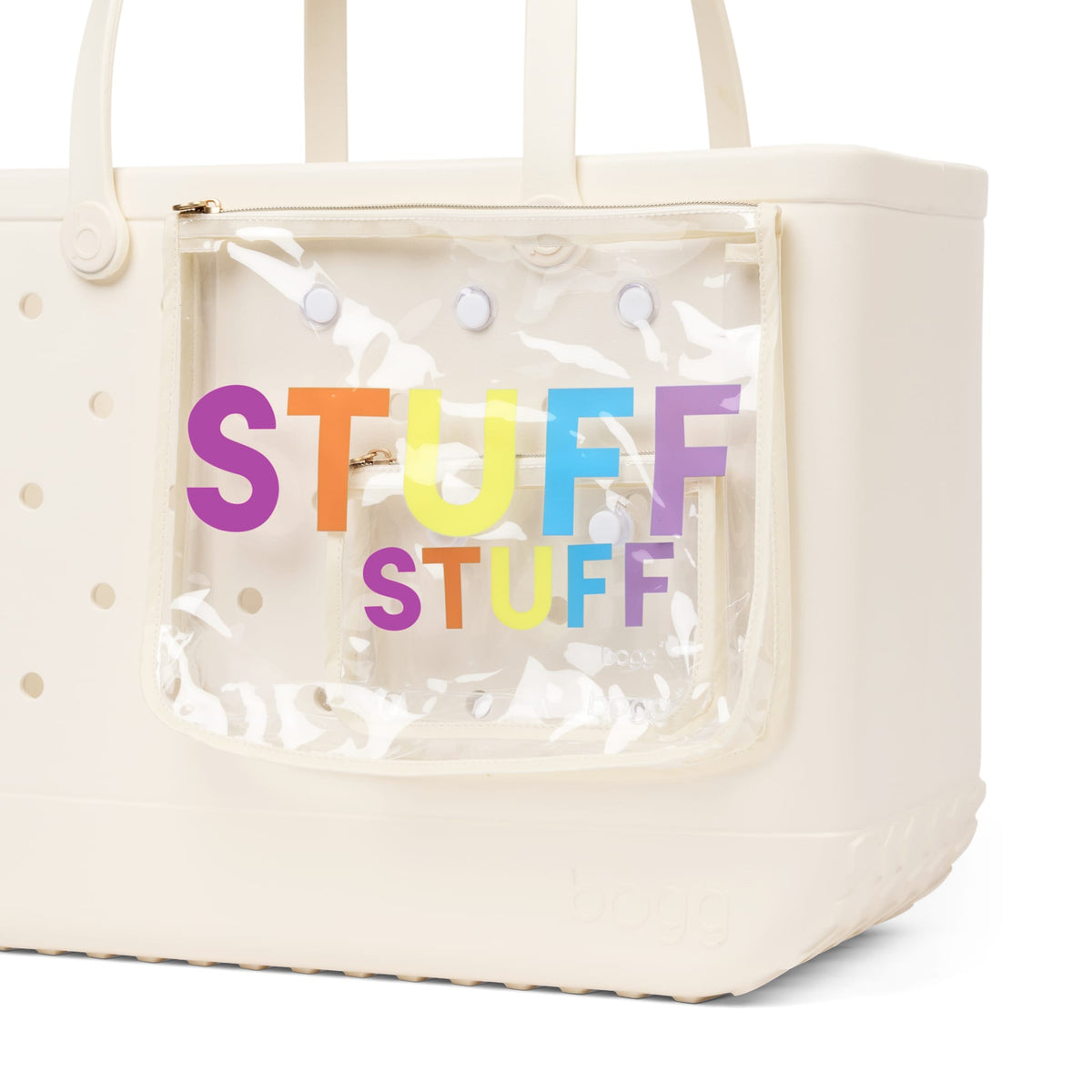 Beige Bogg Bag with clear front panel zippered pouches with 'STUFF' in colorful letters on a white background.