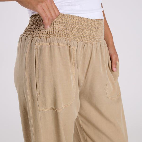 Smocked Waist Wide Leg Pants in Khaki