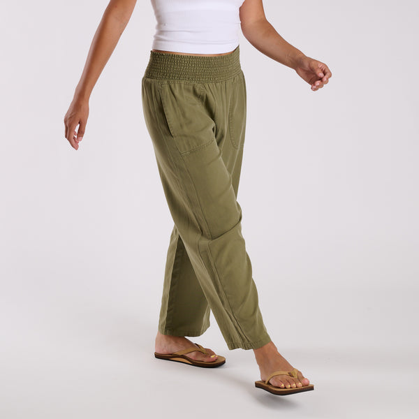 Smocked Waist Wide Leg Pants in Olive Green