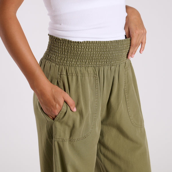Smocked Waist Wide Leg Pants in Olive Green