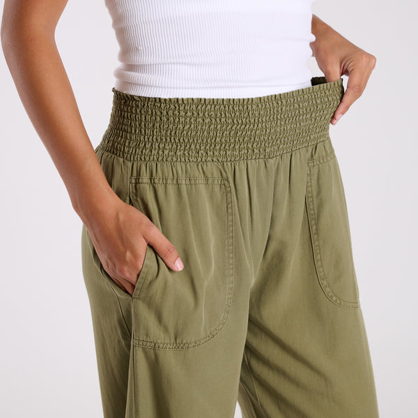 Smocked Waist Wide Leg Pants in Olive Green