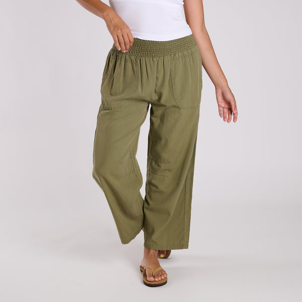 Smocked Waist Wide Leg Pants in Olive Green