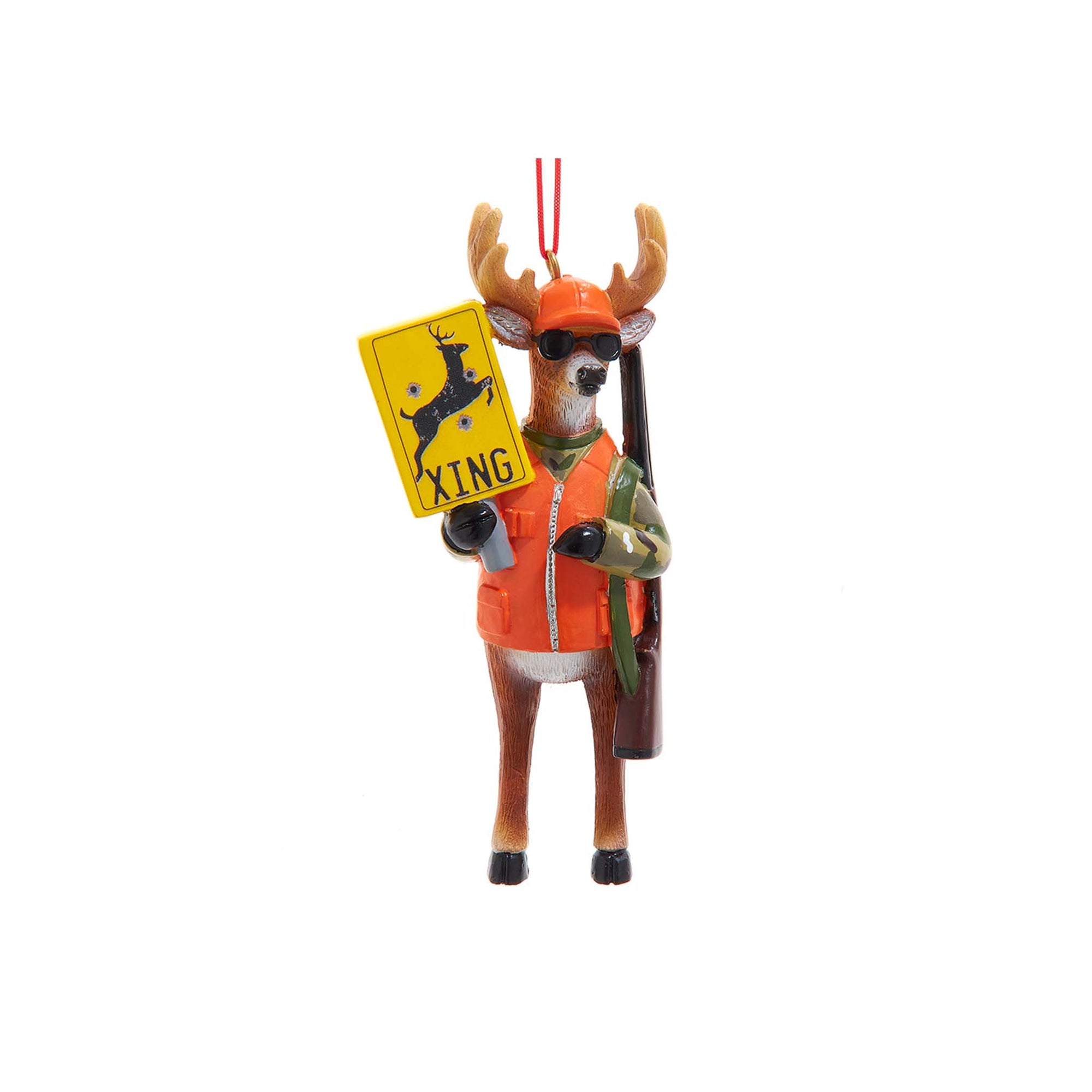 Deer ornament in hunter gear holding a rifle and deer crossing sign.