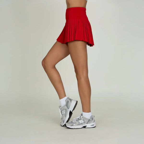 Gold Hinge Pleated High-Waisted Tennis Skort in Ruby Red