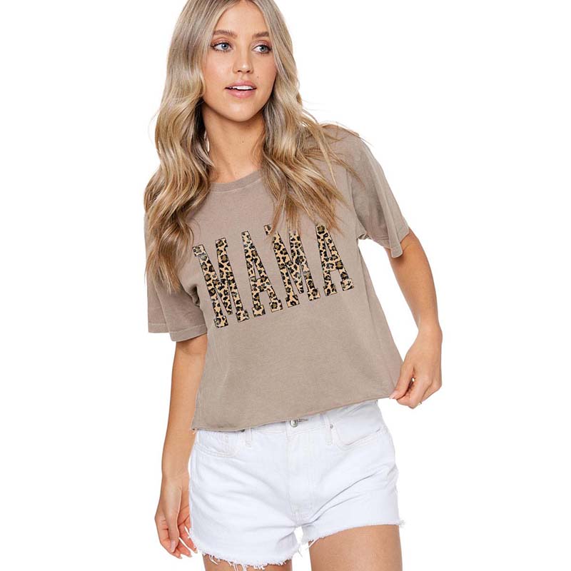 Mama Leopard Cropped Short Sleeve T-Shirt