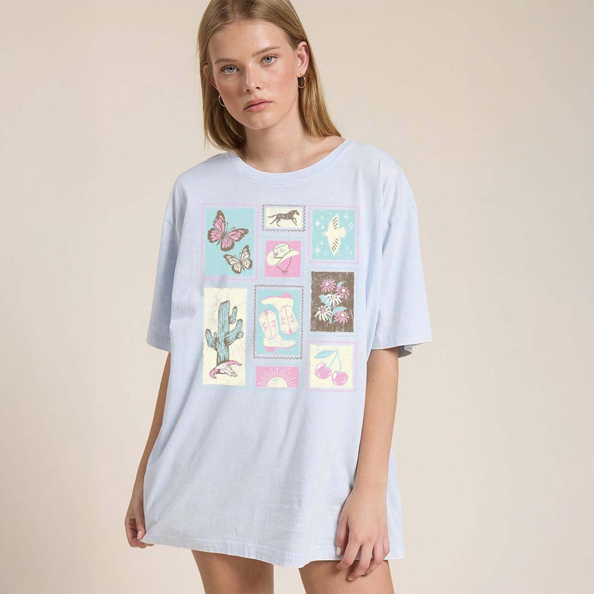 Cowgirl Stamp Collage Short Sleeve T-Shirt in Ice blue