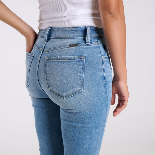 High-Rise Distressed Medium Wash Flare Jeans