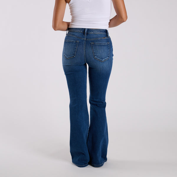 High-Rise Distressed Dark Wash Flare Jeans