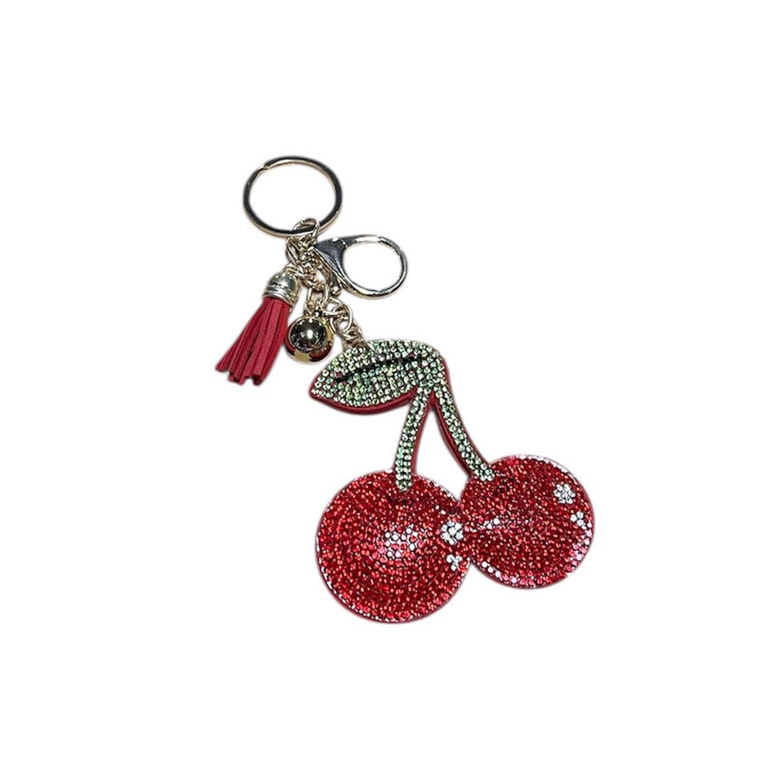 Queen's Designs Cherry Crystal Bag Charm.
Bag charm shaped like a cherry pair, covered in red and green rhinestones with a gold key ring, and red tassel.