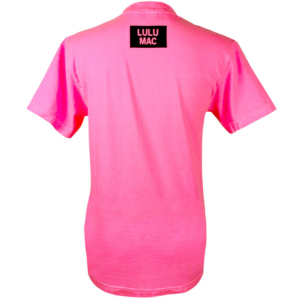 Back view of neon pink Lulu Mac short sleeve t-shirt with small black rectangular Lulu Mac logo at the upper back neckline.