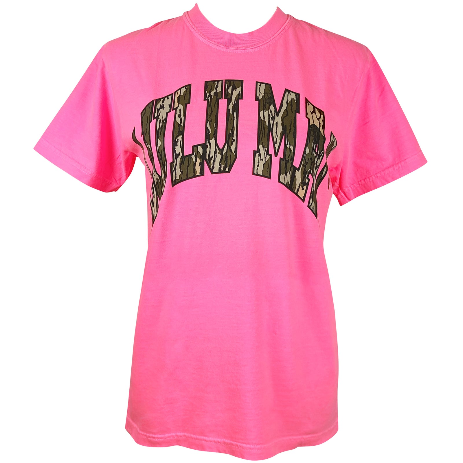Front flat lay of neon pink Lulu Mac short sleeve t-shirt with large camo “LULU MAC” graphic across the chest.