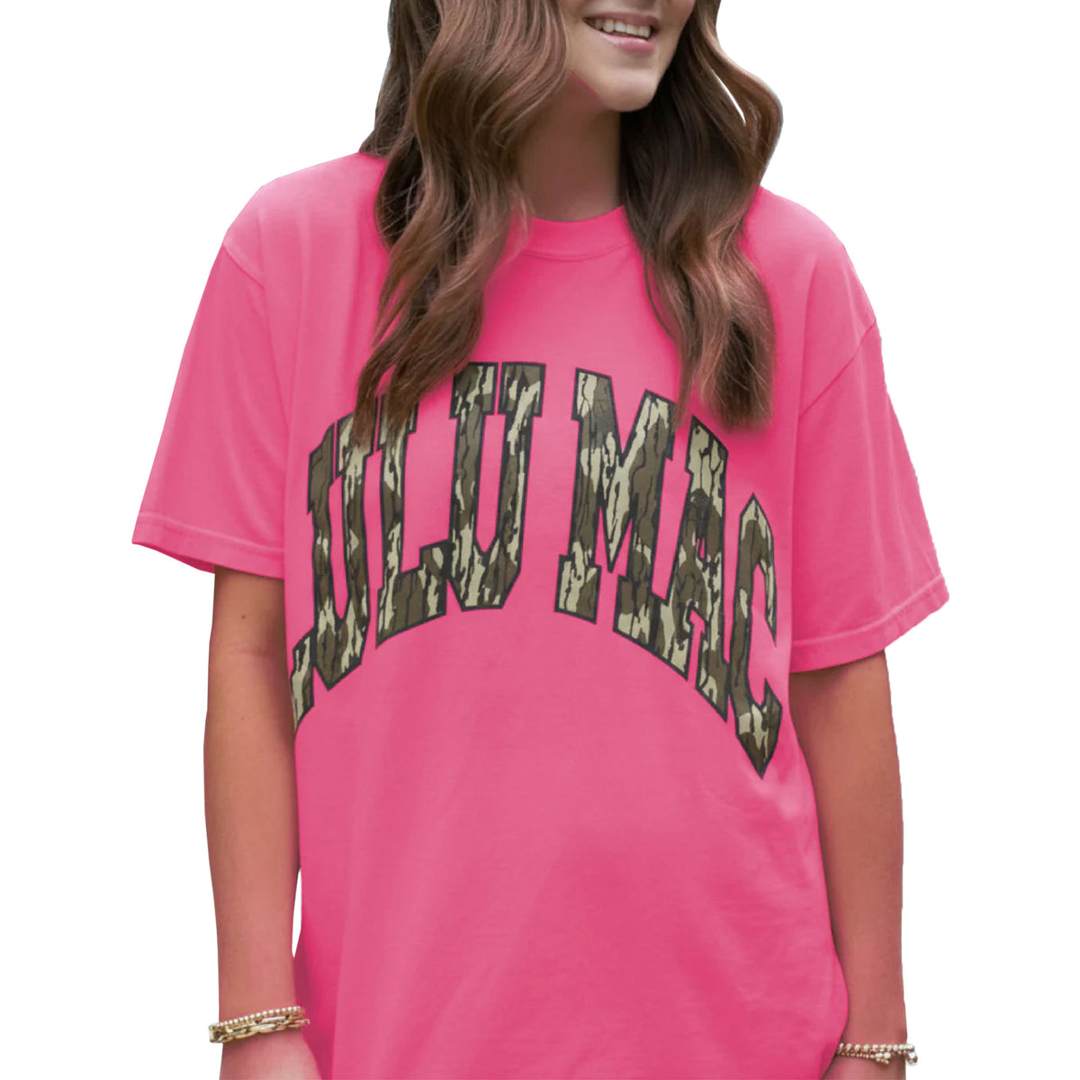 Model wearing Lulu Mac neon pink short sleeve t-shirt with large camo “LULU MAC” graphic across the chest.