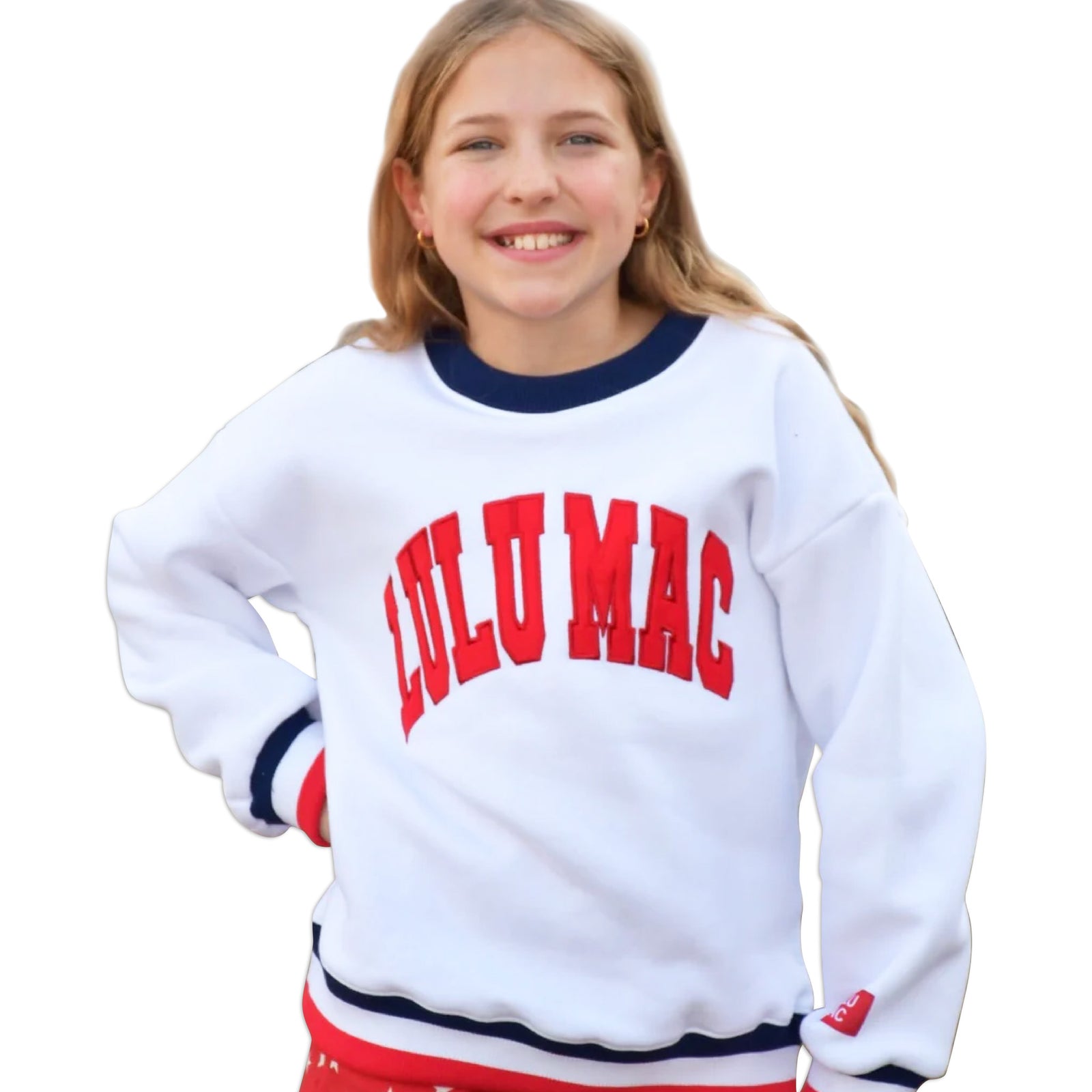 Girl wearing a white sweatshirt with 'LULU MAC' text on a white background