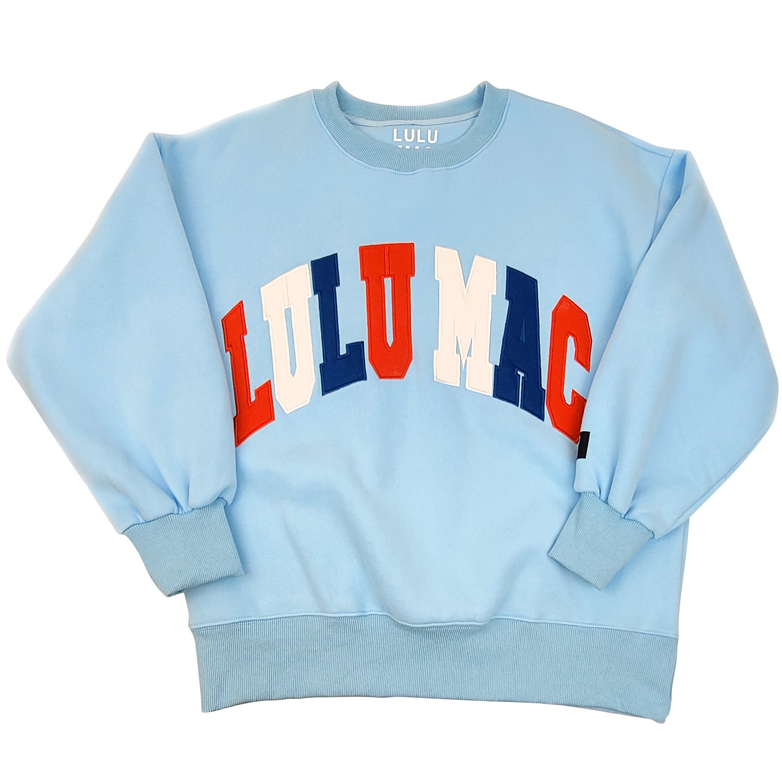 light blue girl's lulu mac sweatshirt with red white and blue puff lettering across the chest.