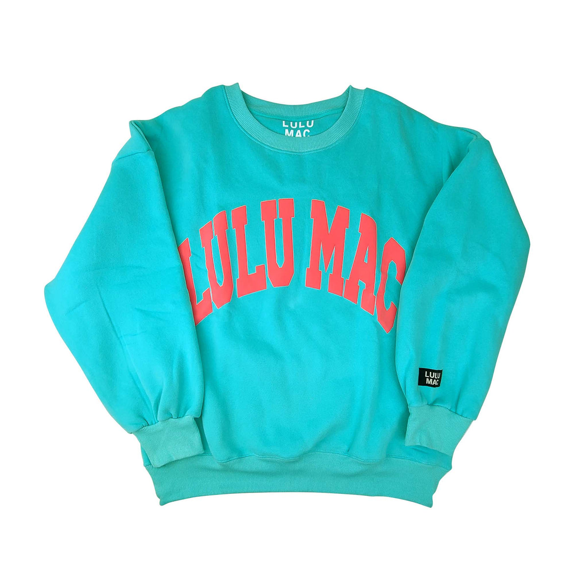 Turquoise sweatshirt with coral 'LULU MAC' text on a white background