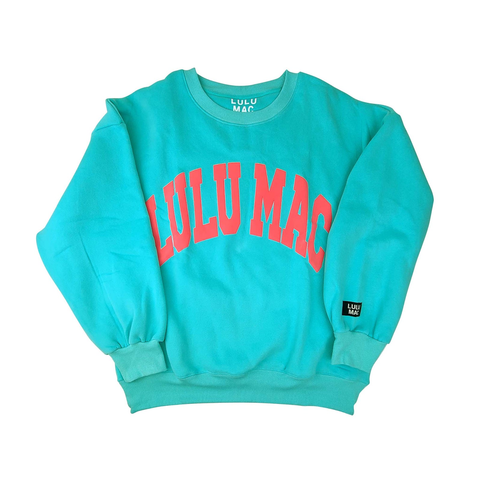 Turquoise sweatshirt with coral 'LULU MAC' text on a white background