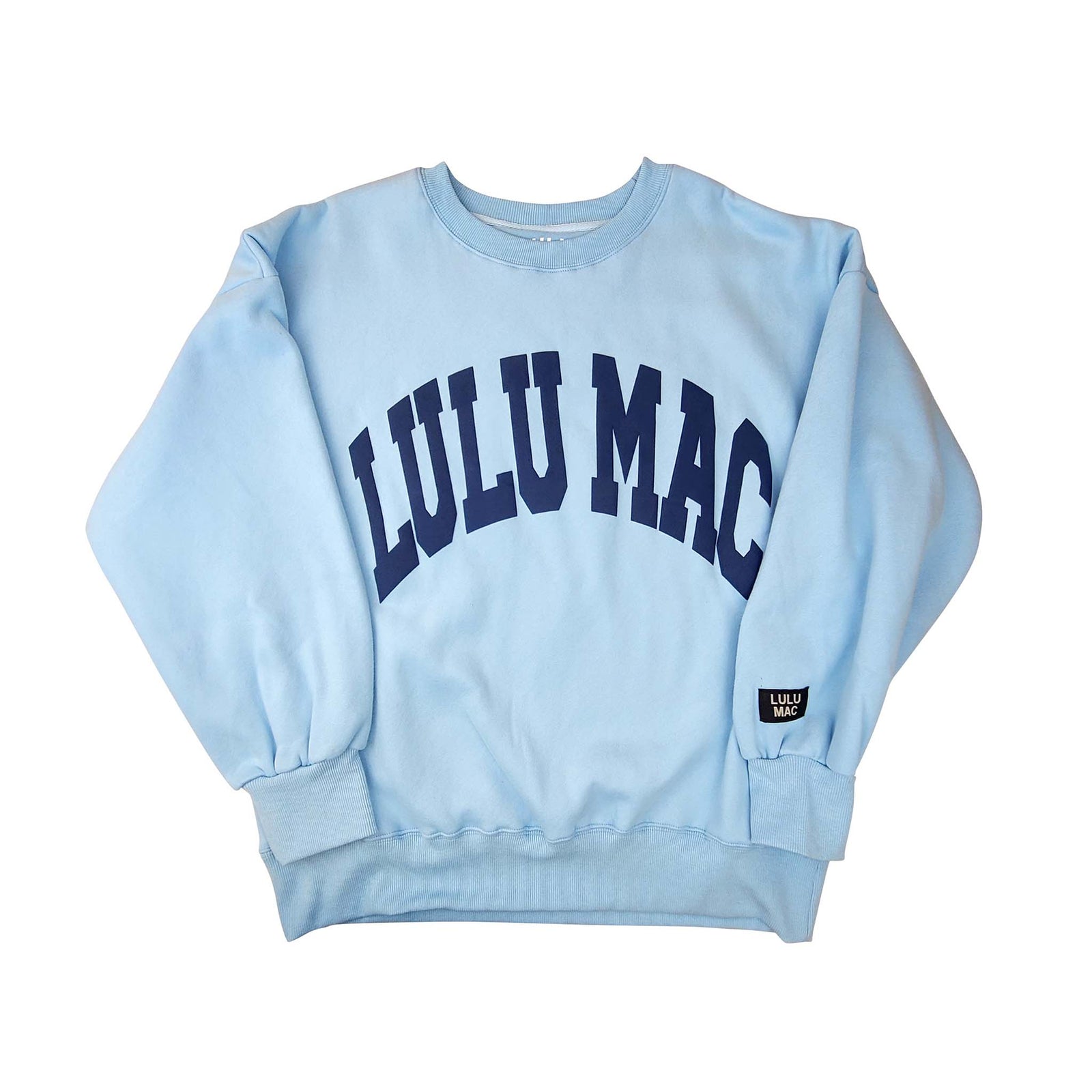 Light blue sweatshirt with 'LULU MAC' text on a white background