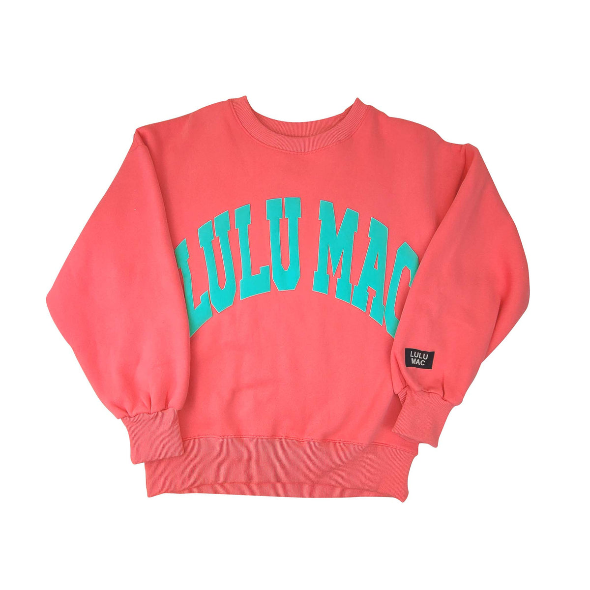 youth coral sweatshirt with Lulu Mac teal puff letters.
