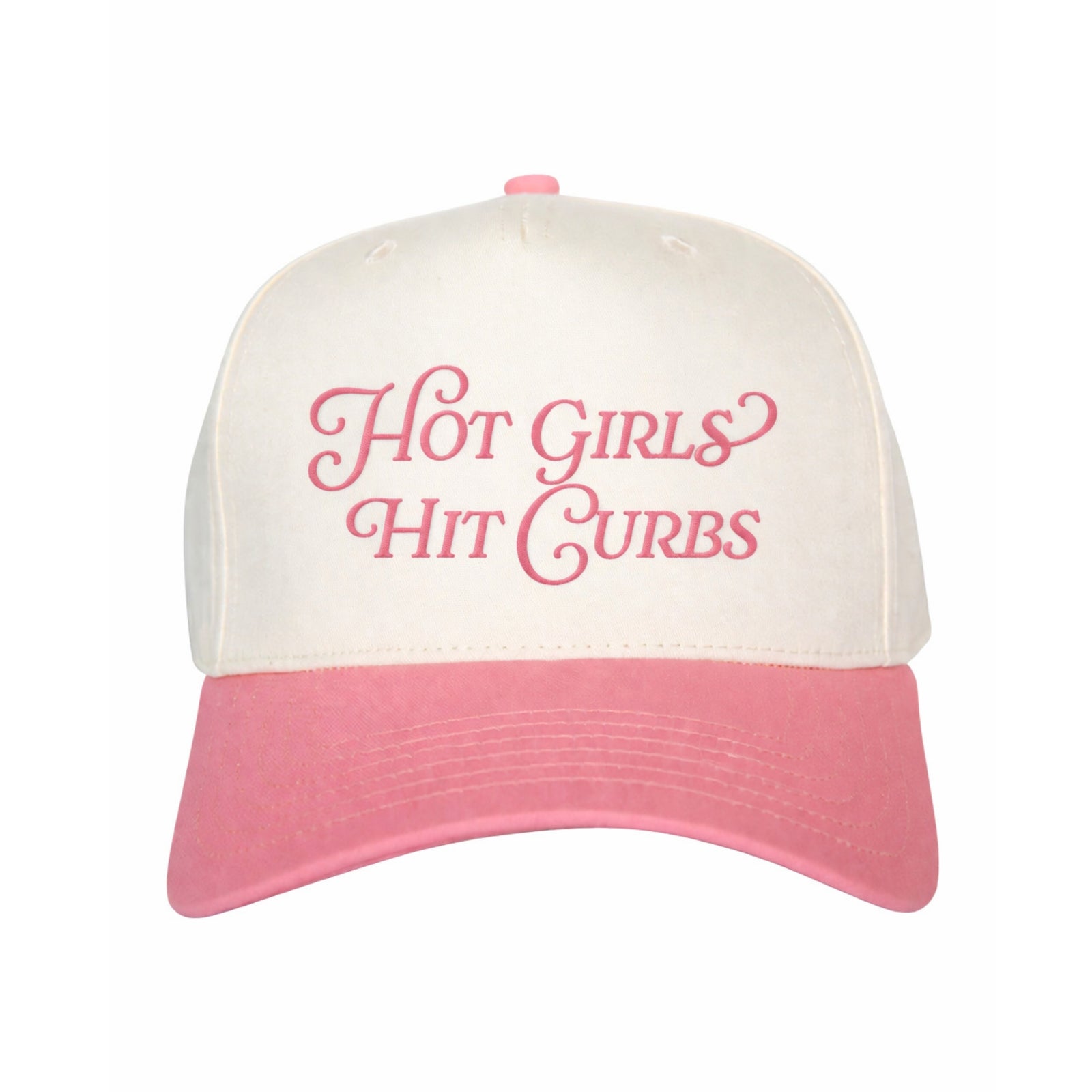 Tan and pink trucker hat with “Hot Girls Hit Curbs” embroidered text, centered product image on white background.