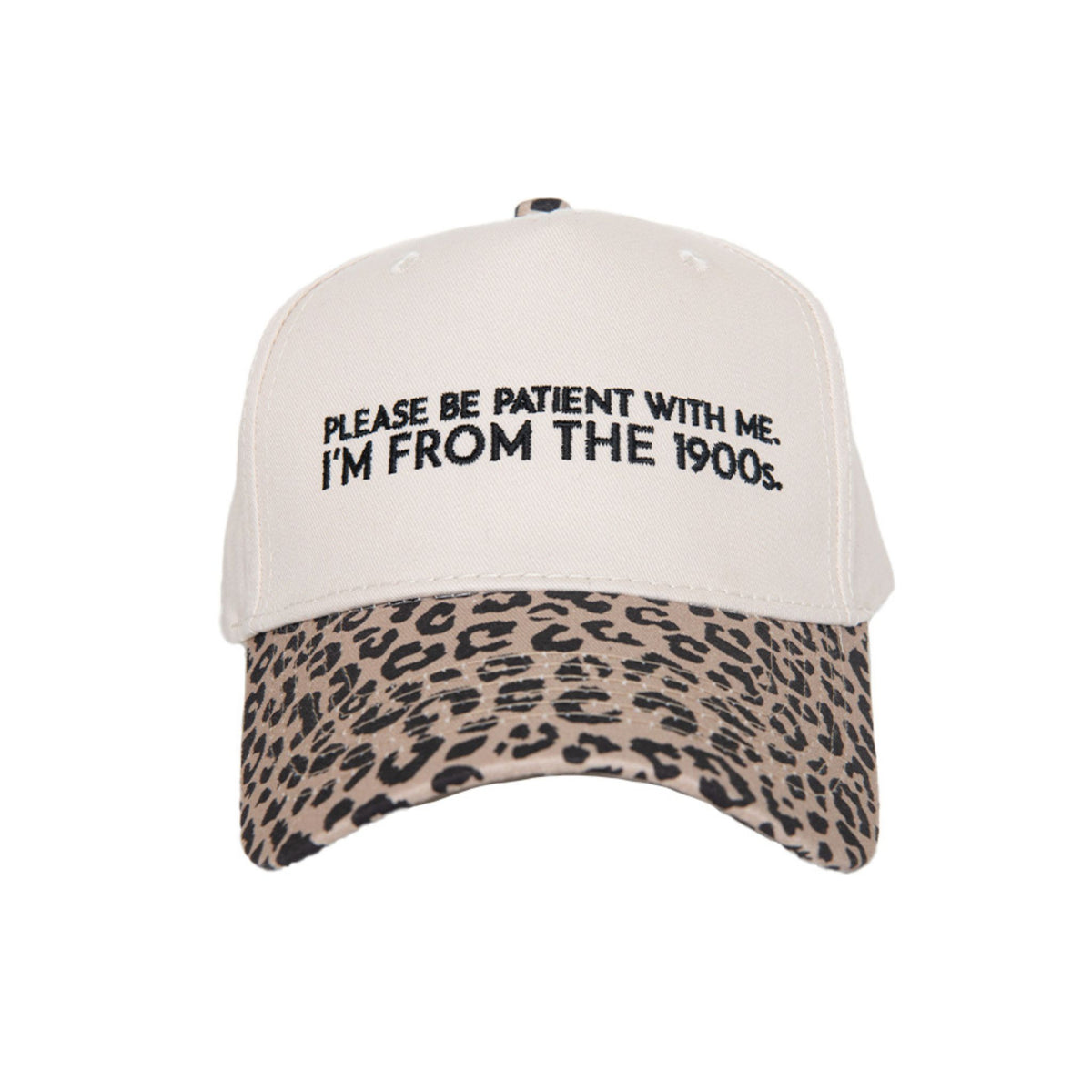 Tan trucker hat with black embroidered text and leopard print brim, centered product image on white background.