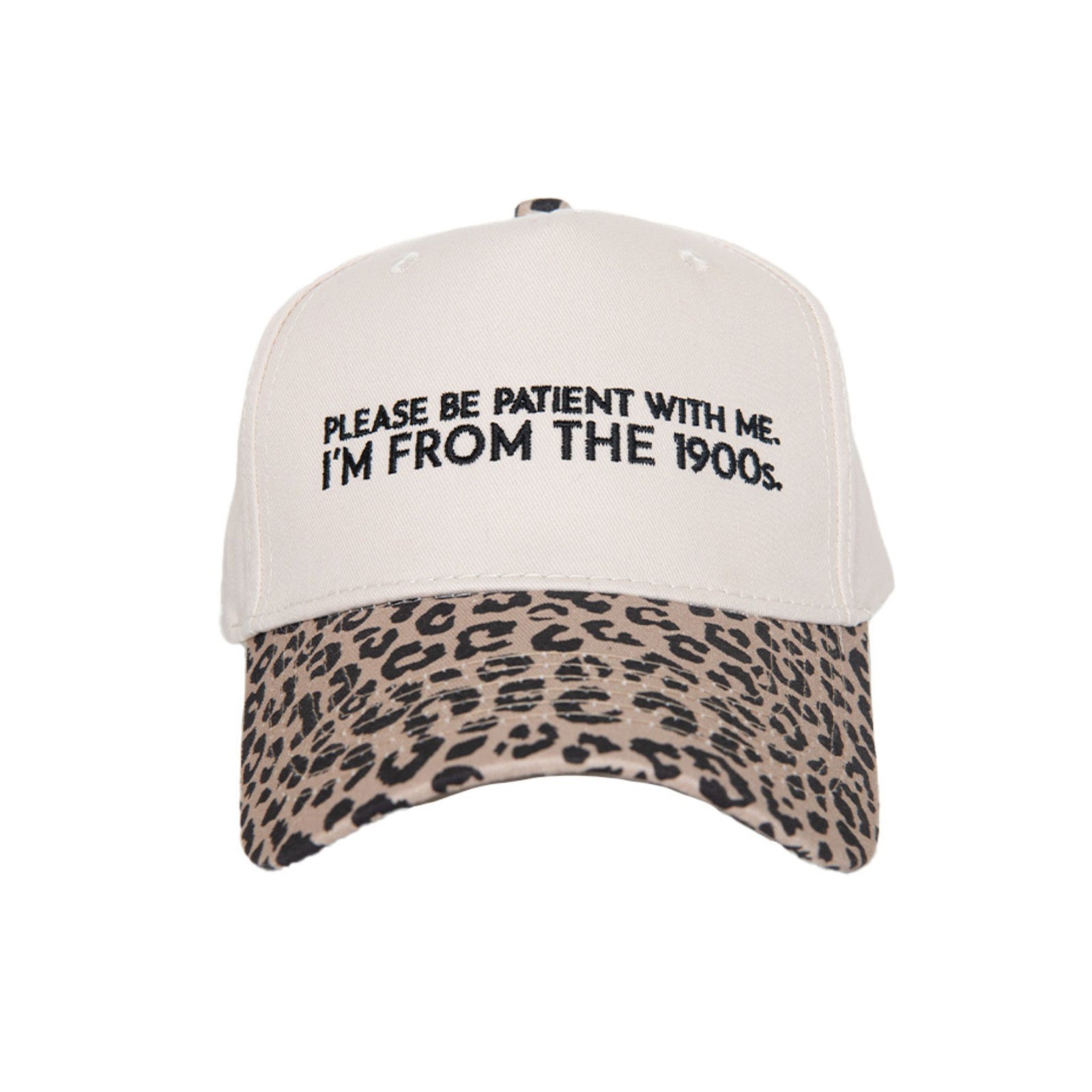 Tan trucker hat with black embroidered text and leopard print brim, centered product image on white background.