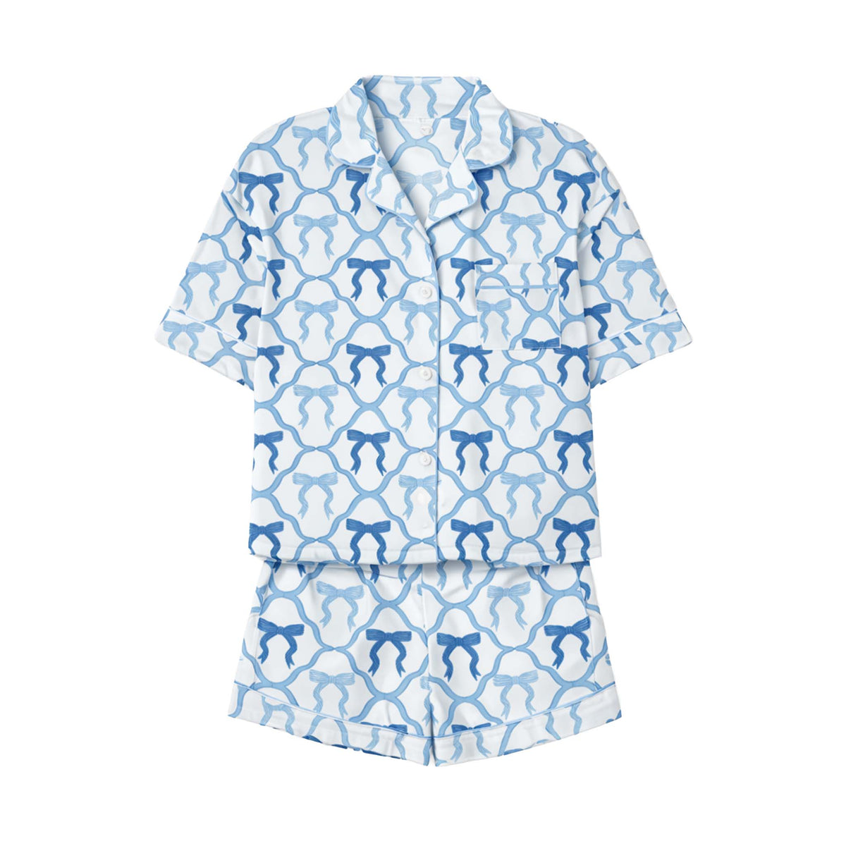 Youth blue bow print pajama set with short sleeve button-up top and matching shorts.