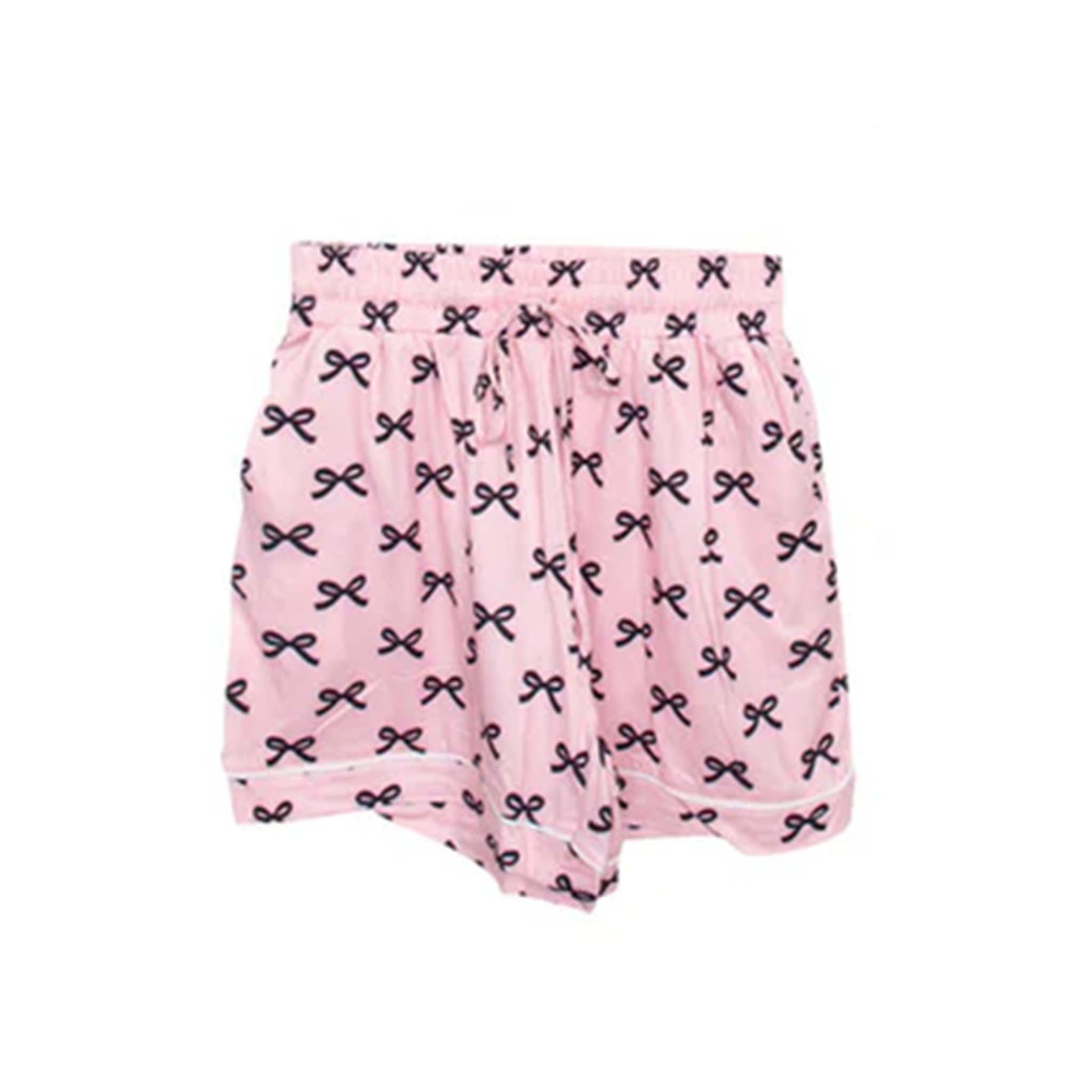 Flat lay of light pink pajama shorts with black bow print and a drawstring waistband.