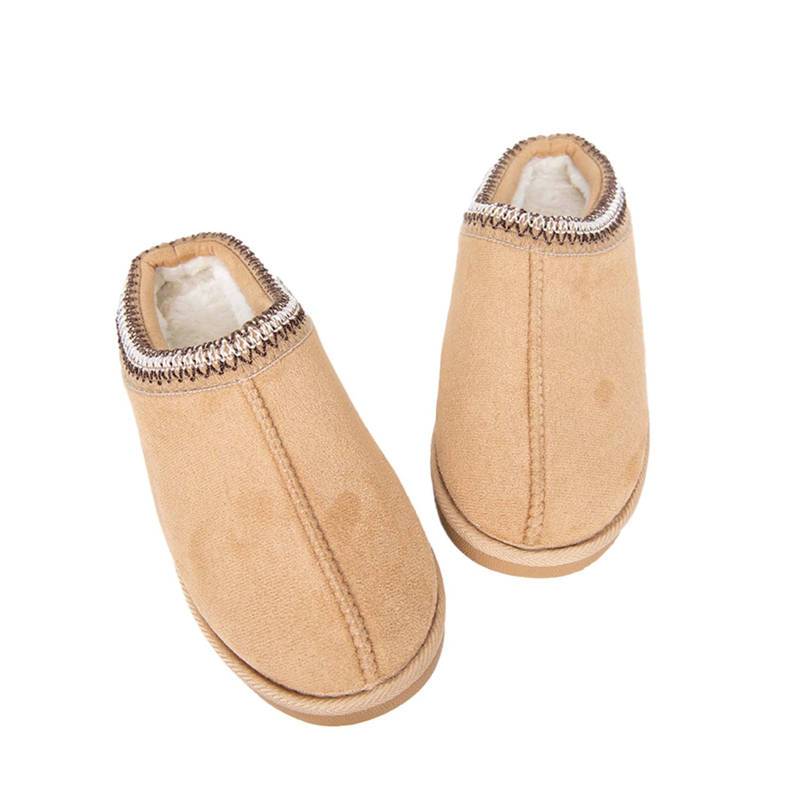 Top view of tan slip-on slippers with rounded toes, stitched trim, and plush interior lining.