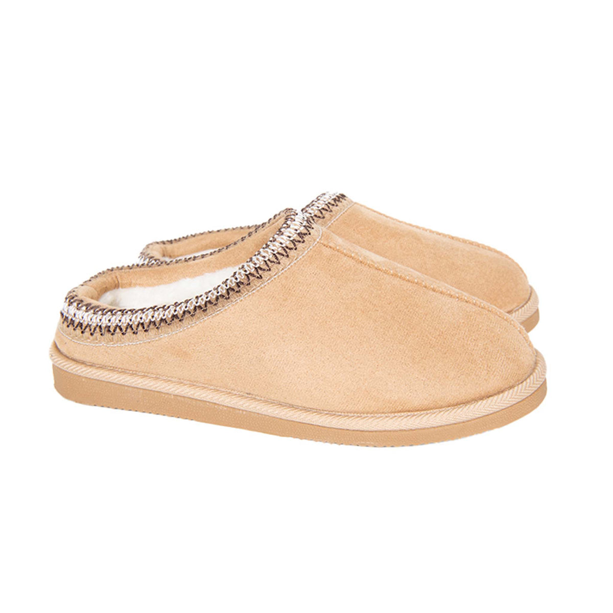 Side view of tan slip-on slippers with soft lining and decorative stitched trim along the opening.