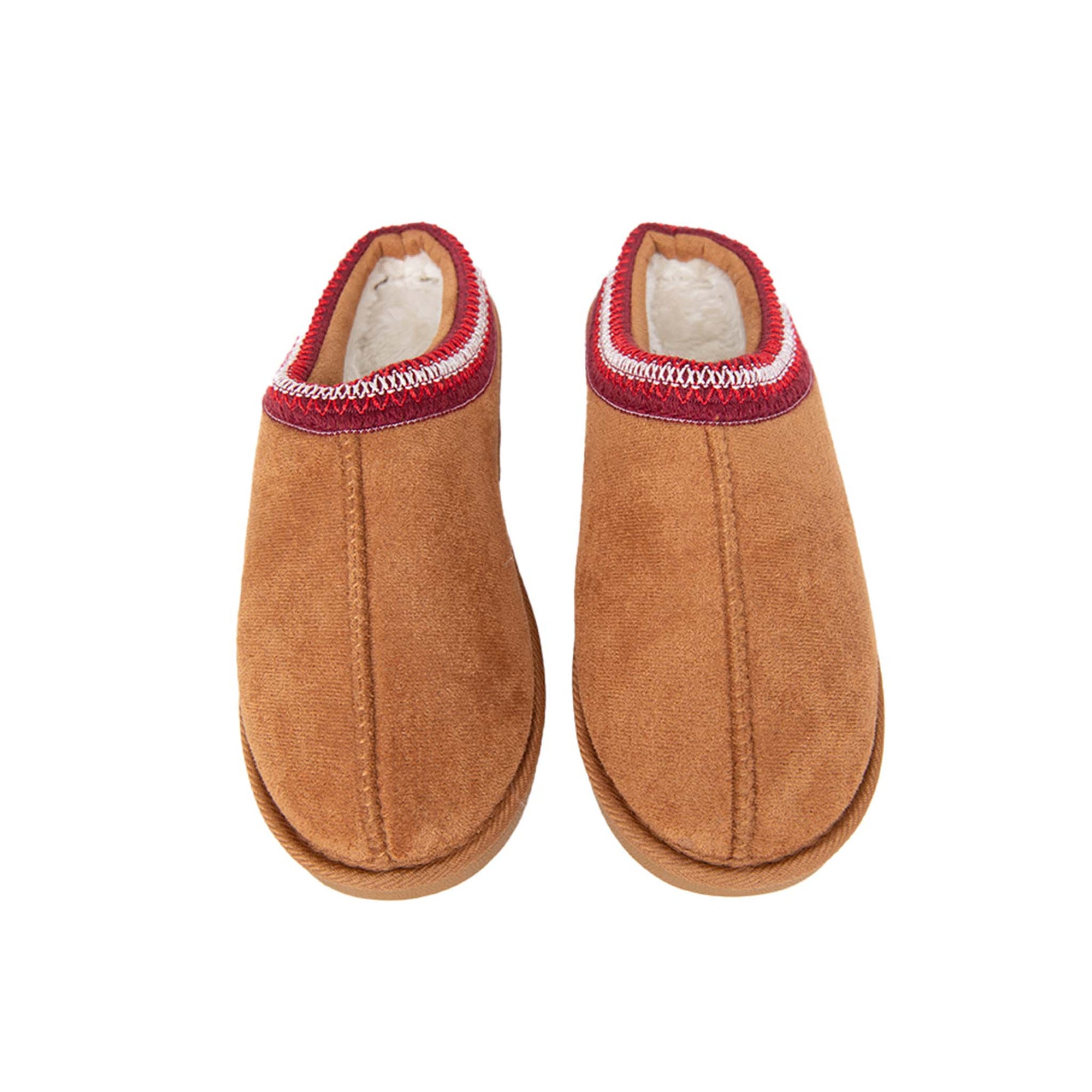 Front view of chestnut slippers showing rounded toes, stitched seams, and red trim accents.