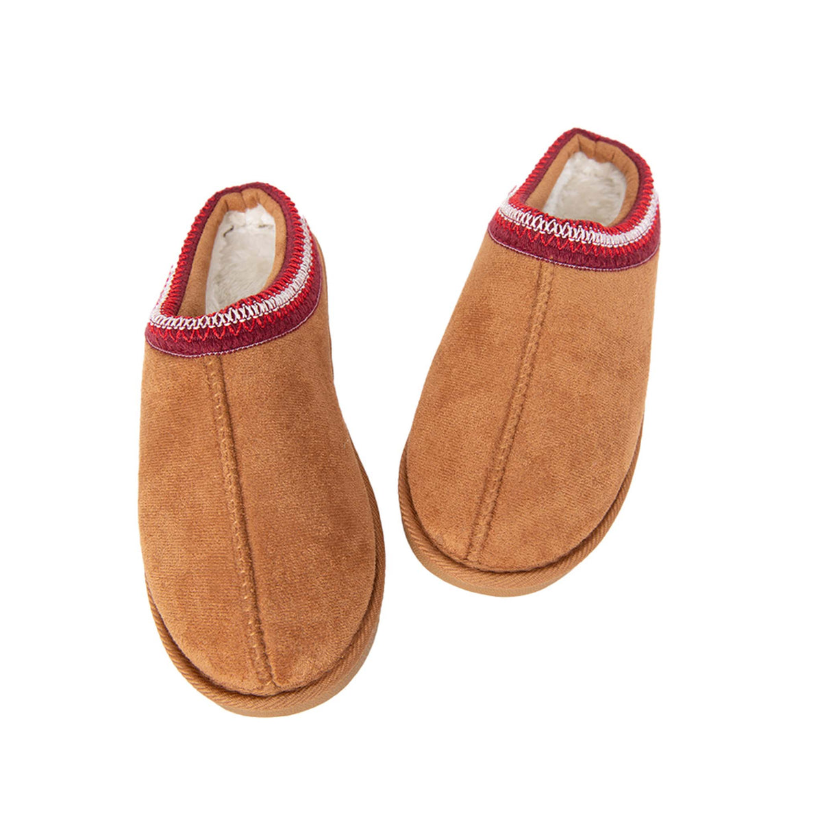 Top view of chestnut slip-on slippers with red and white stitched trim and soft lining.