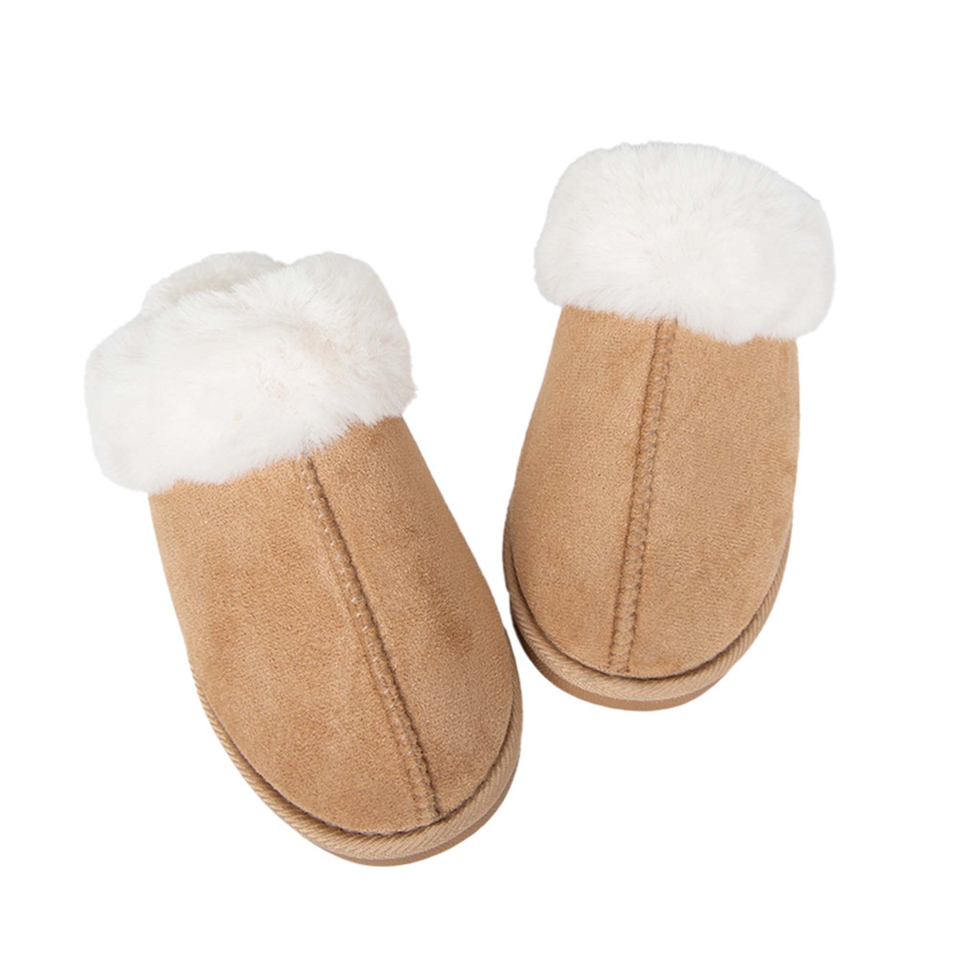 Top view of tan slip-on slippers with fluffy white faux fur trim and stitched center seam.
