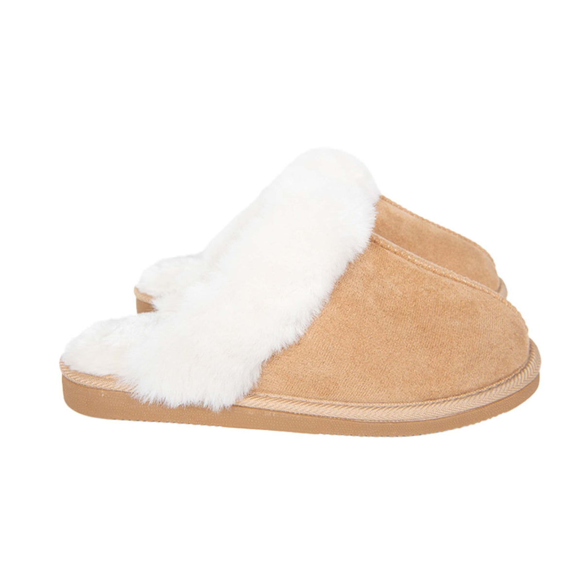 Side view of tan slip-on slippers with plush white faux fur collar and soft sole.