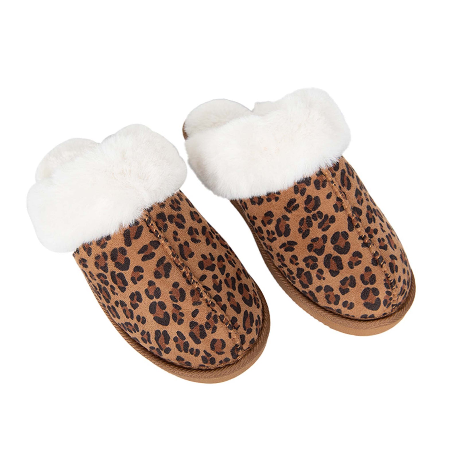 Angled top view of leopard print slip-on slippers with soft white faux fur trim and rounded toes.