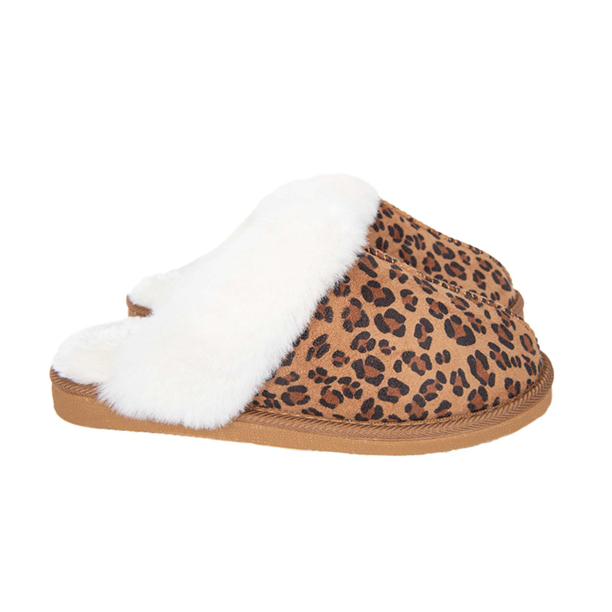 Side view of leopard print slip-on slippers with plush white faux fur collar and tan sole.