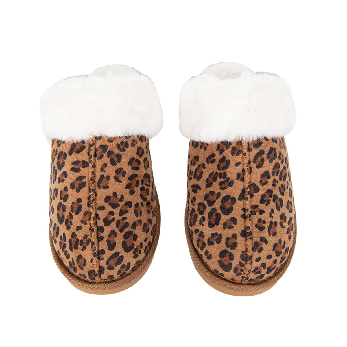 Top view of leopard print slip-on slippers with fluffy white faux fur collar and stitched center seam.