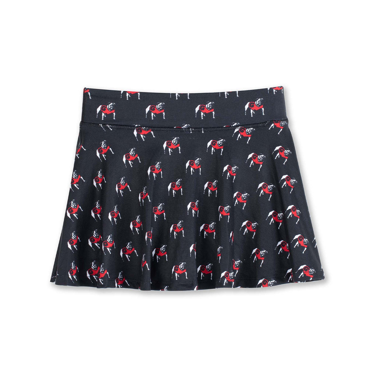 Black University of Georgia youth skort with allover bulldog mascot print and built-in shorts.