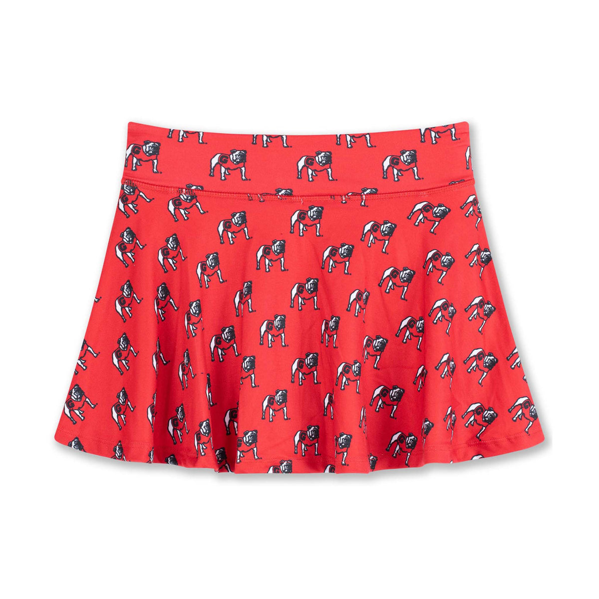 Red University of Georgia youth skort with allover bulldog mascot print and built-in shorts.
